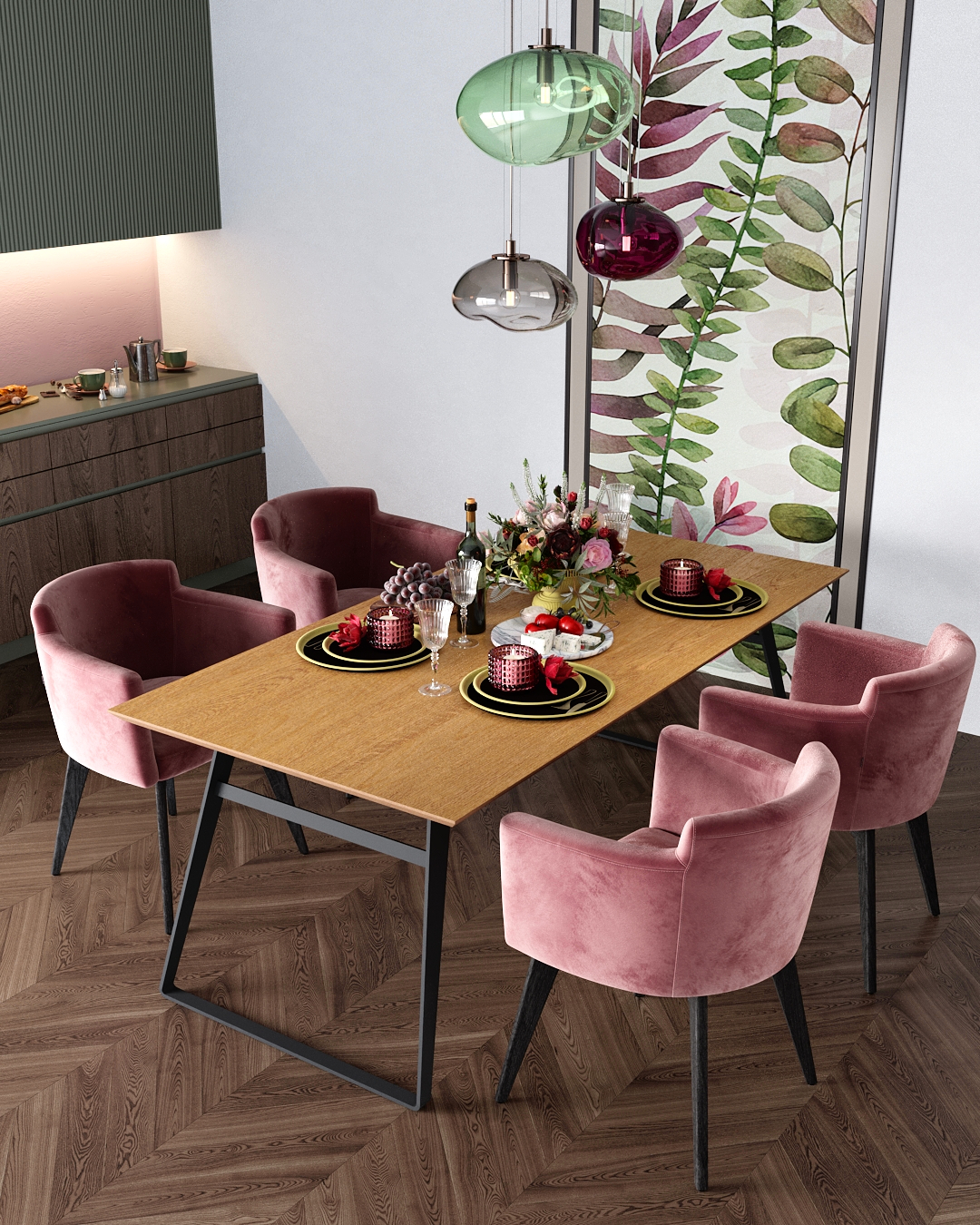 Современная кухня с обеденным столом Chelsey и розовыми стульями Wien: фото
