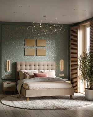 Дизайнерская двуспальная кровать с подъемным механизмом Finlay в интерьере: фото 