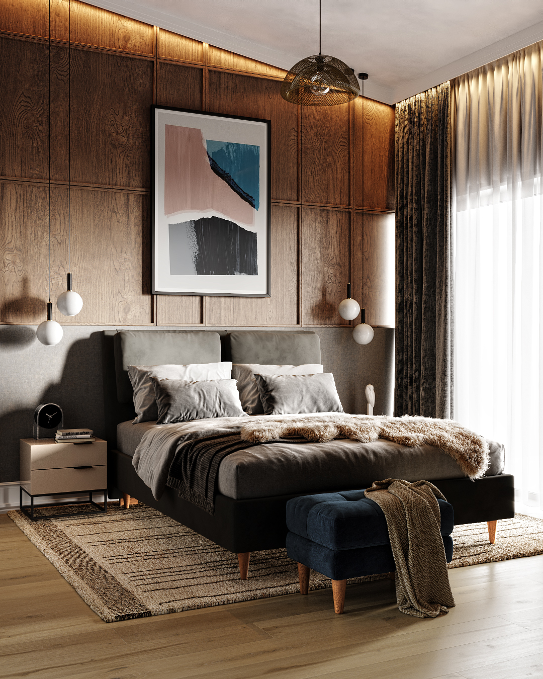 Спальня в стиле модерн в бежевых и коричневых тонах
