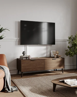 Дизайнерская тумба под телевизор на ножках с 2-мя ящиками, 143×50×50 см Olson Wood в интерьере: фото 3