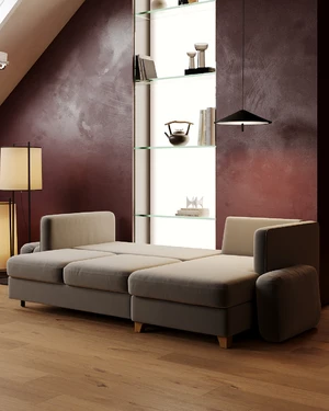 Дизайнерский угловой диван-кровать, 224/150 см, шагающая еврокнижка Bari в интерьере: фото 2