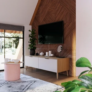 Дизайнерская тумба под телевизор на ножках с 2-мя ящиками, 143×50×50 см Olson Wood в интерьере: фото 2