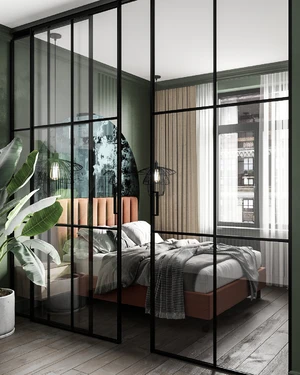 Интерьер спальни и гостиной в зеленых тонах с терракотовой мягкой мебелью: фото 3