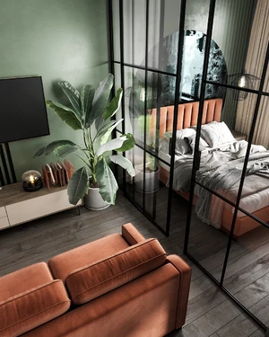 Интерьер спальни и гостиной в зеленых тонах с терракотовой мягкой мебелью: фото 5