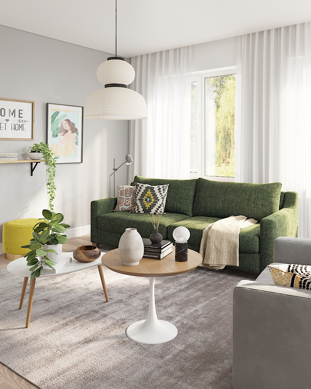 Интерьер гостиной с диваном Mendini травяного цвета: фото