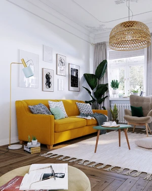 Интерьер современной гостиной в эко-стиле с желтым диваном Halston: фото 