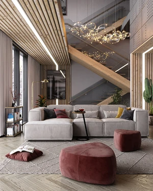 Интерьер загородного дома с серым угловым диваном Vento: фото 