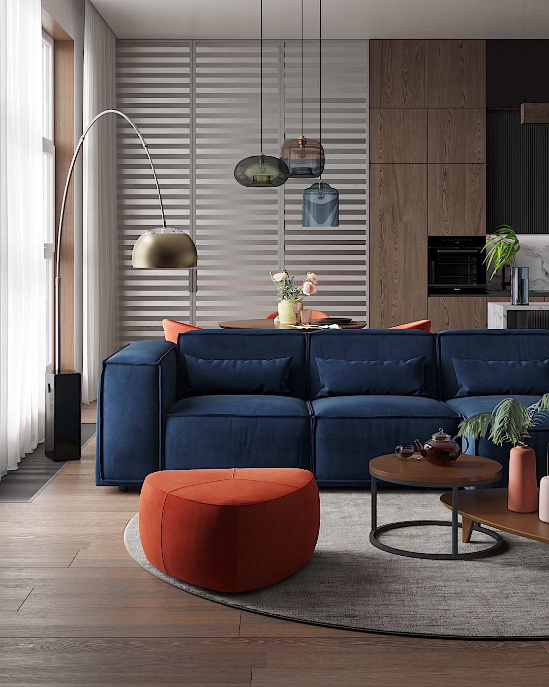 Интерьер кухни-гостиной с синим диваном Vento и оранжевыми стульями Torino: фото