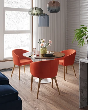 Интерьер кухни-гостиной с синим диваном Vento и оранжевыми стульями Torino: фото 2