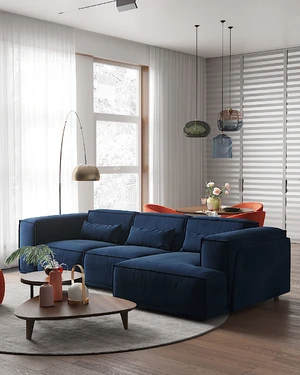 Интерьер кухни-гостиной с синим диваном Vento и оранжевыми стульями Torino: фото 1