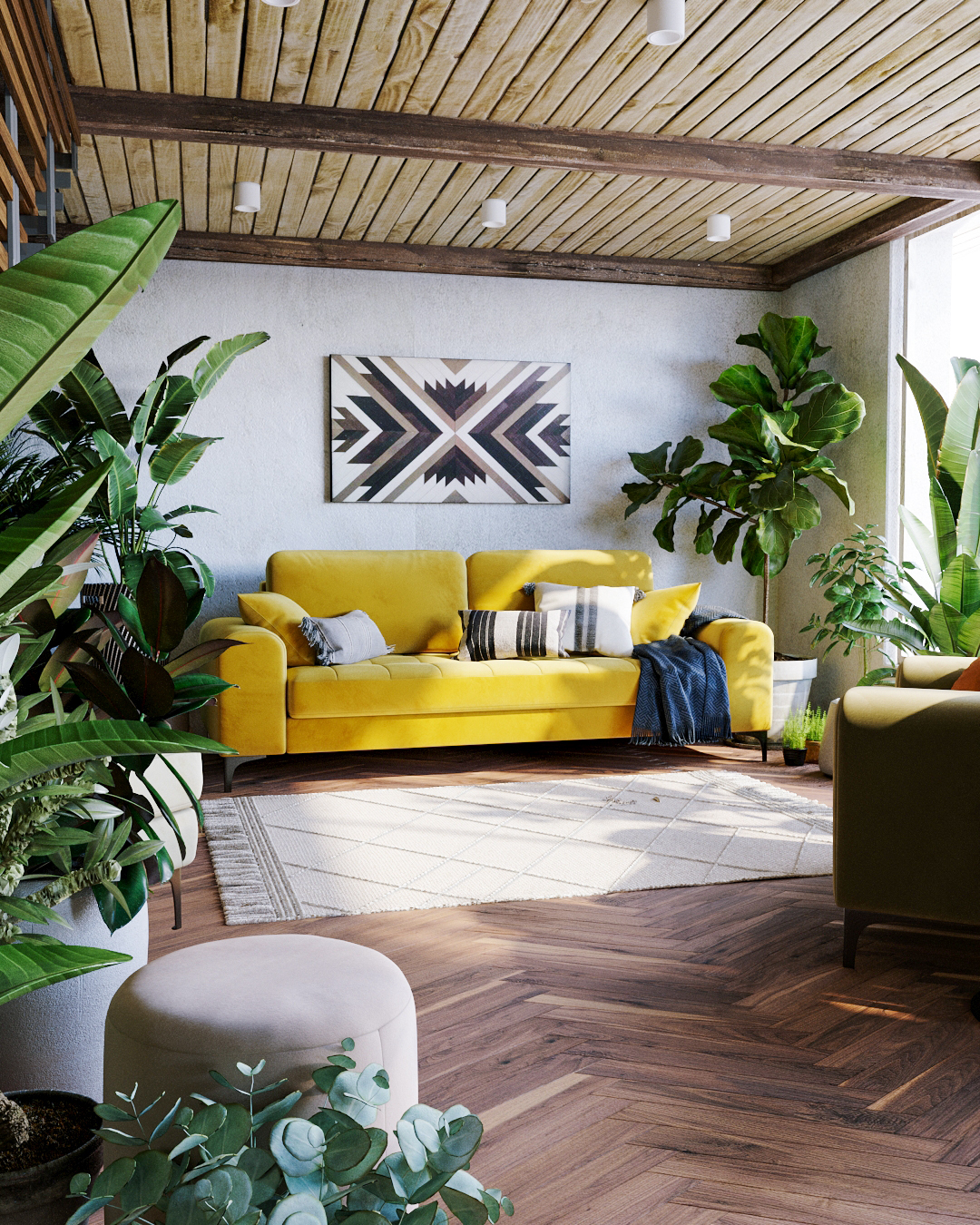 Интерьер тропической гостиной с желтым диваном Vittorio: фото