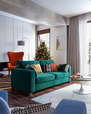 Интерьер новогодней гостиной с бирюзовым диваном Morti и оранжевым креслом Dallas: фото 