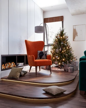 Интерьер новогодней гостиной с бирюзовым диваном Morti и оранжевым креслом Dallas: фото 1