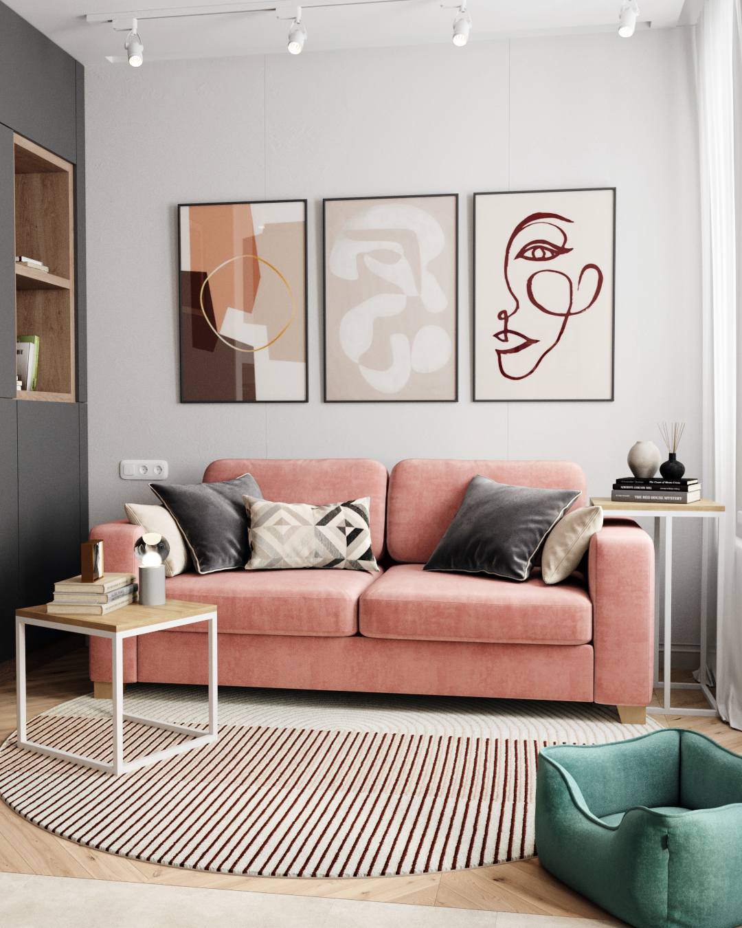 Интерьер нежной гостиной с розовым диваном Morti: фото