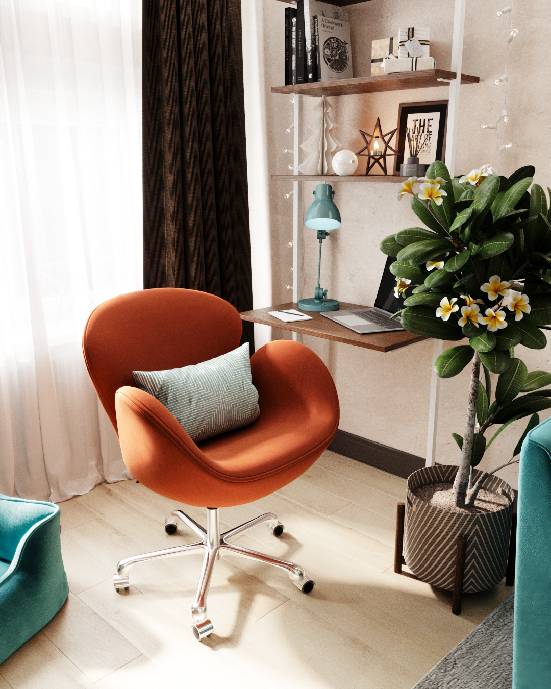 Интерьер рабочей зоны в гостиной с бирюзовым диваном Wolsly и офисным креслом Swan: фото