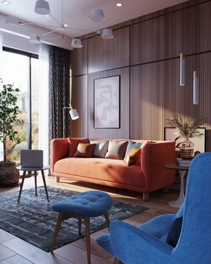 Интерьер современной гостиной с ярким оранжевым диваном Tribeca: фото 