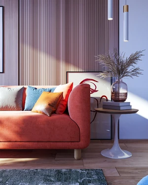 Интерьер современной гостиной с ярким оранжевым диваном Tribeca: фото 1