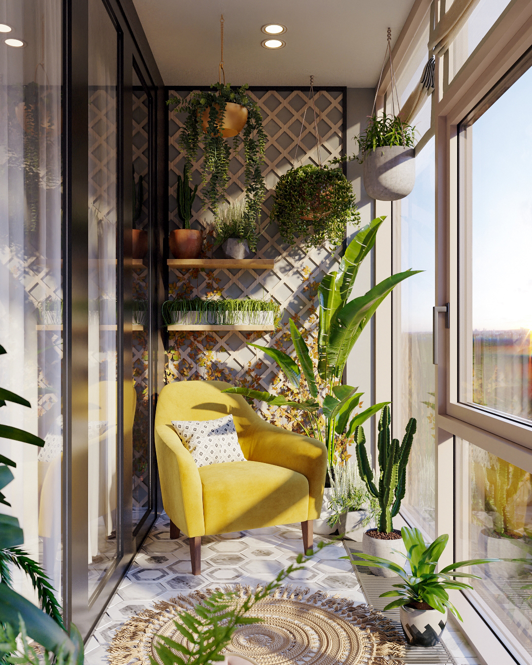 Интерьер цветочной лоджии в эко-стиле с ярким креслом Miami Lux: фото