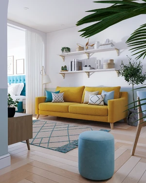 Интерьер гостиной в студии с лимонно-желтым диваном Mendini: фото 