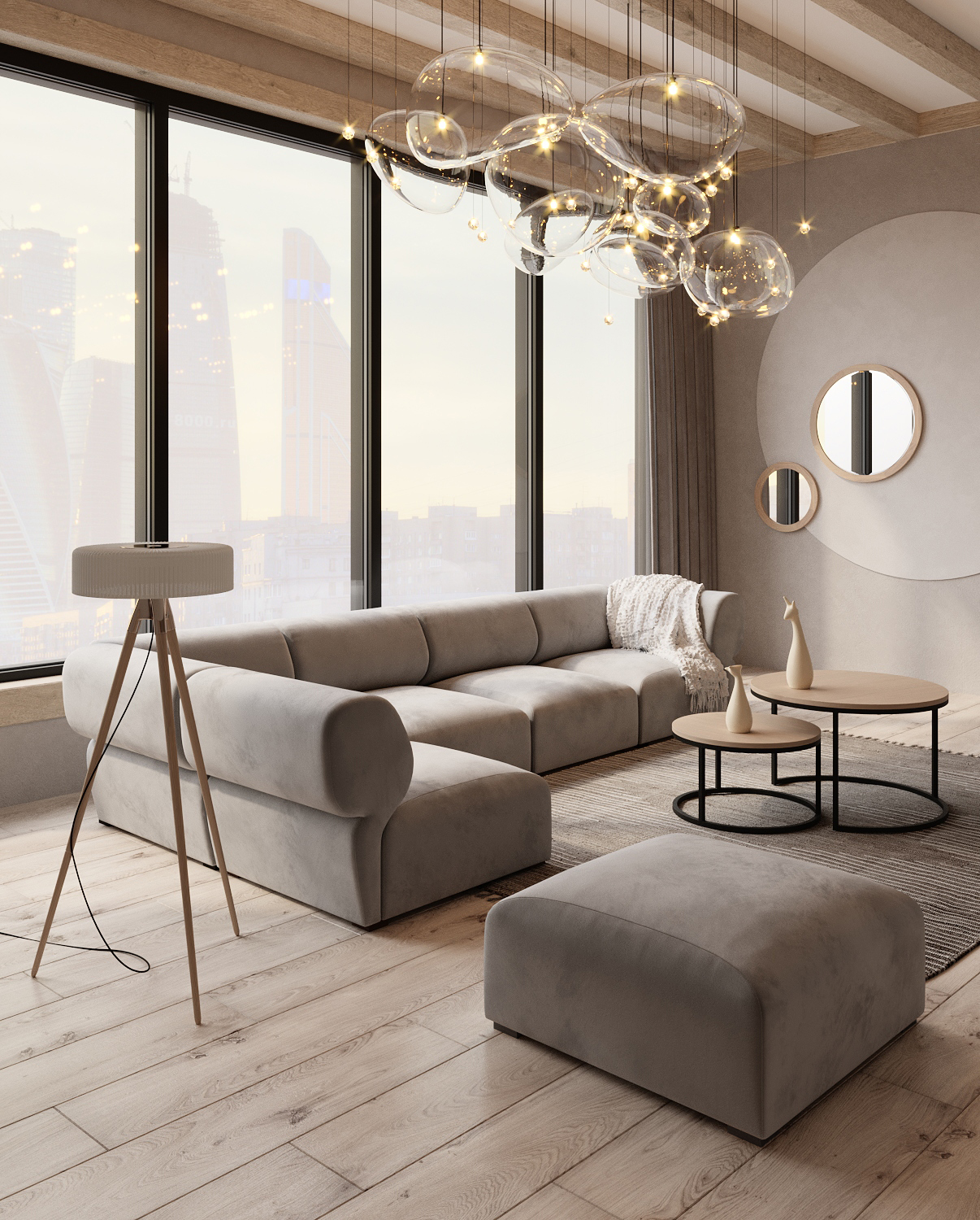 Интерьер современной гостиной с бежевым модульным диваном Fly: фото