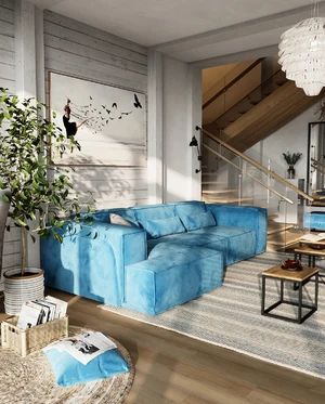 Интерьер современной скандинавской гостиной с голубым диваном Vento: фото 