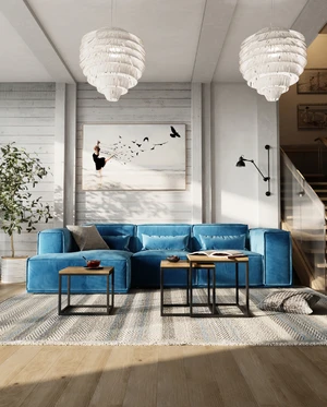 Интерьер современной скандинавской гостиной с голубым диваном Vento: фото 1