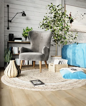 Интерьер современной скандинавской гостиной с голубым диваном Vento: фото 2
