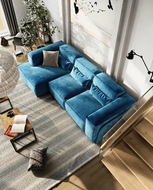 Интерьер современной скандинавской гостиной с голубым диваном Vento: фото 3