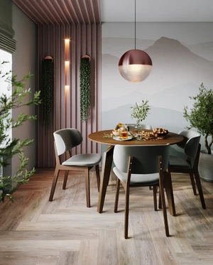Интерьер кухни-гостиной с серыми стульями Madison, ореховым столом Oscar Round и миндальным диваном Raf: фото 