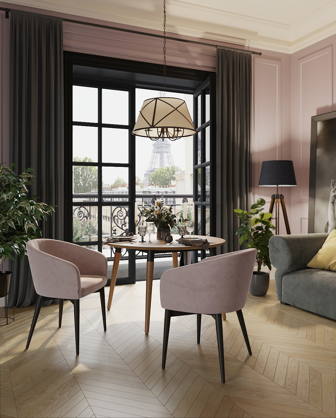 Интерьер «Парижская мечта». Гостиная и обеденная с розовой мебелью от SKDESIGN: фото