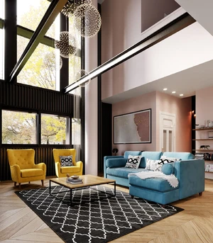 Интерьер гостиной загородного дома с угловым синим диваном Scott: фото 