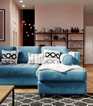 Интерьер гостиной загородного дома с угловым синим диваном Scott: фото 2