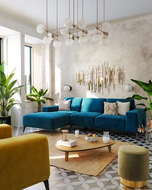 Интерьер кухни-гостиной в итальянском стиле с синим диваном RIO: фото 