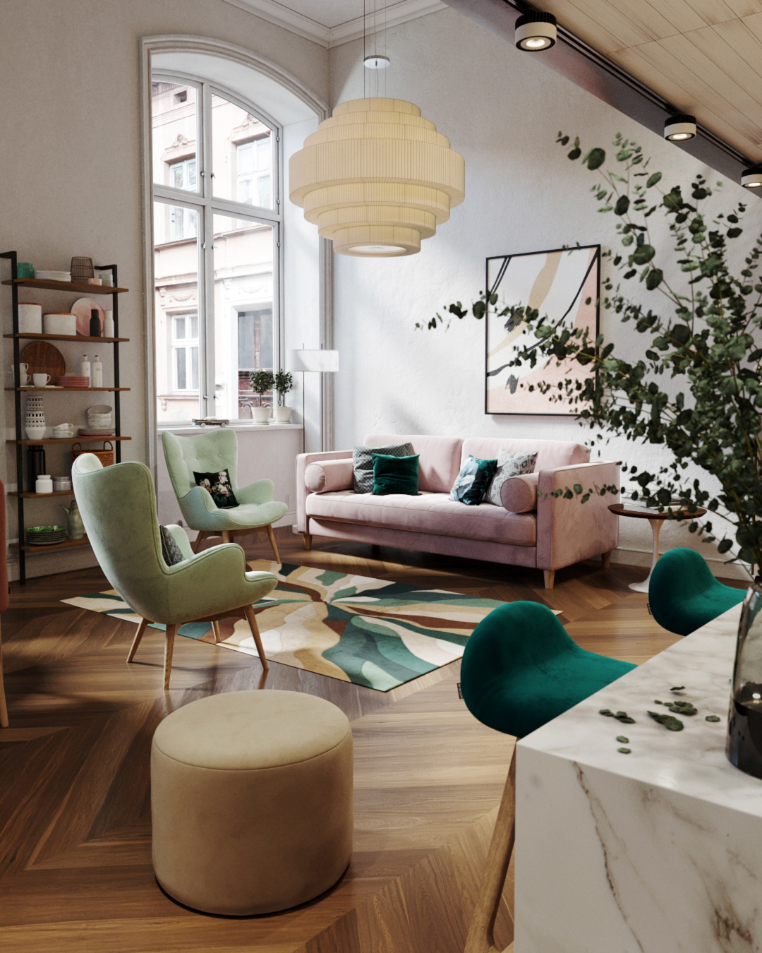 Интерьер совмещенной кухни и гостиной в розовых тонах с диваном Scott: фото