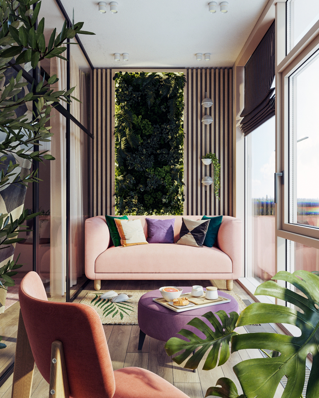 Интерьер лоджии с вертикальным озеленением и розовым диваном Tribeca: фото