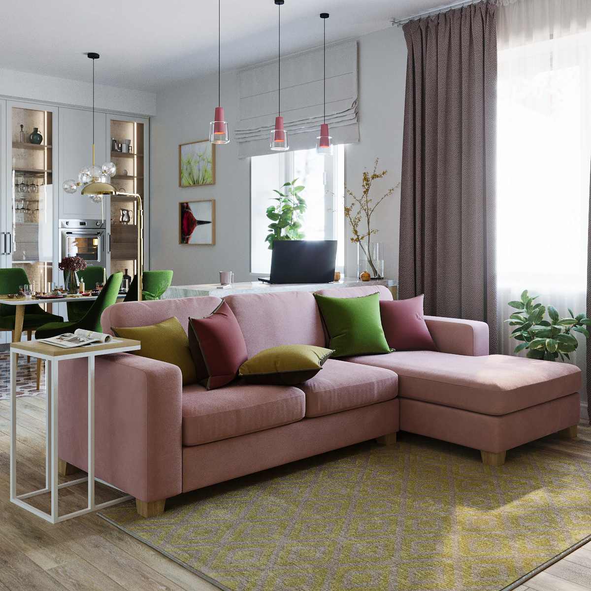 Интерьер кухни-гостиной с розовым угловым диваном Morti: фото