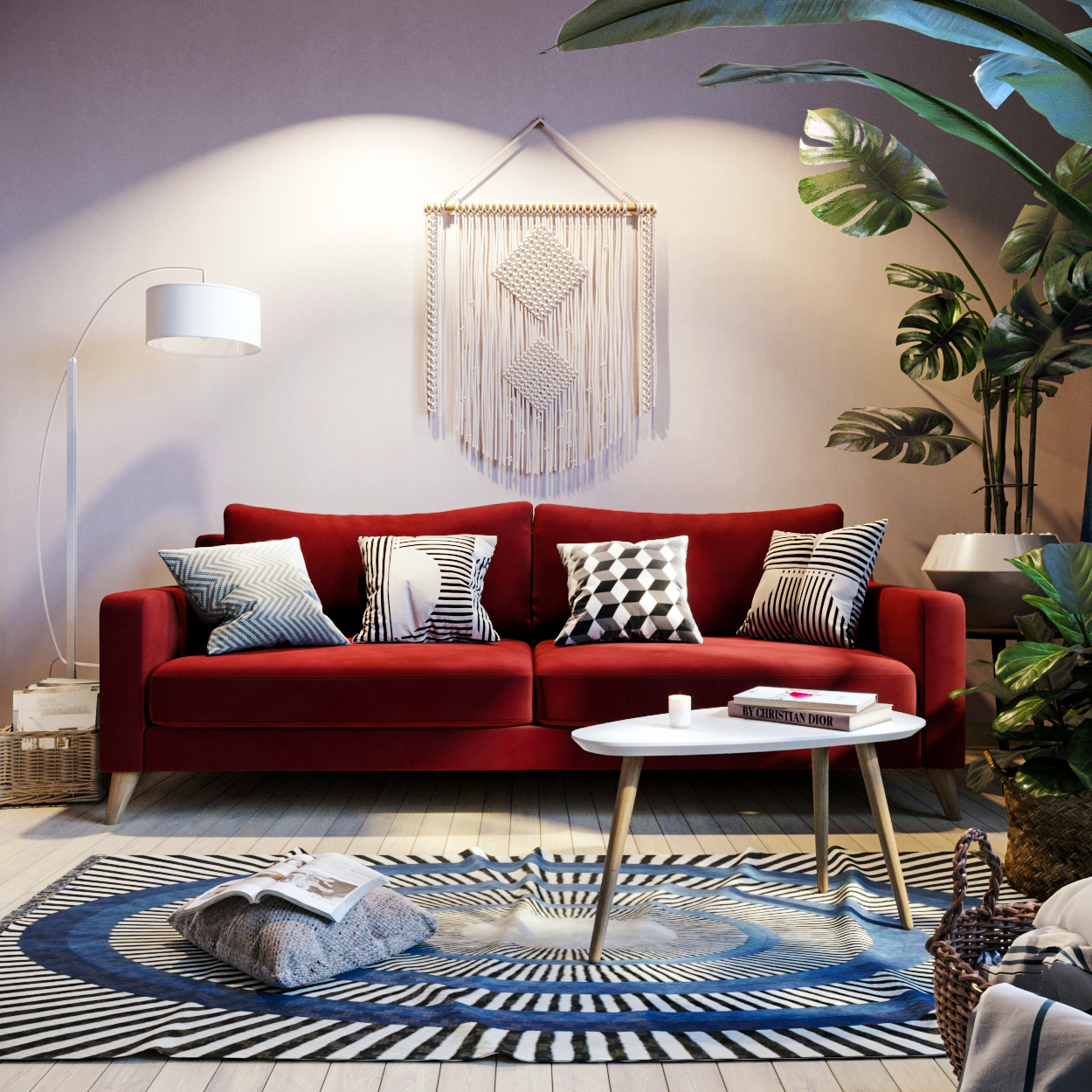 Идея дизайна интерьера гостиной с красным диваном: фото