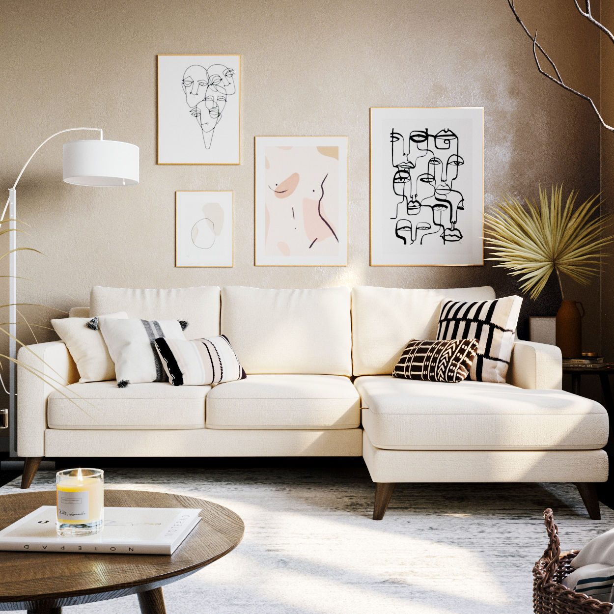 Интерьер гостиной с бежевым диваном Mendini: фото