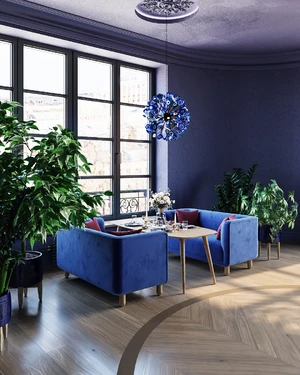 Интерьер обеденной зоны с синими дизайнерскими диванами Tribeca и столом Ronda Portu: фото 