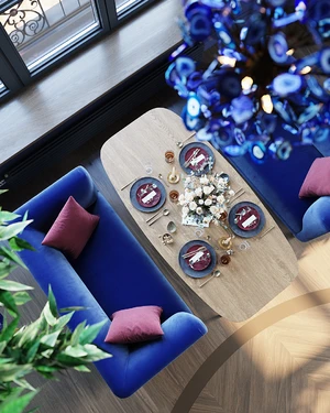 Интерьер обеденной зоны с синими дизайнерскими диванами Tribeca и столом Ronda Portu: фото 1