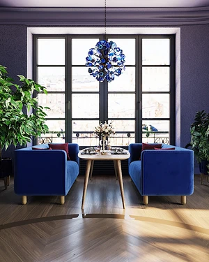 Интерьер обеденной зоны с синими дизайнерскими диванами Tribeca и столом Ronda Portu: фото 2