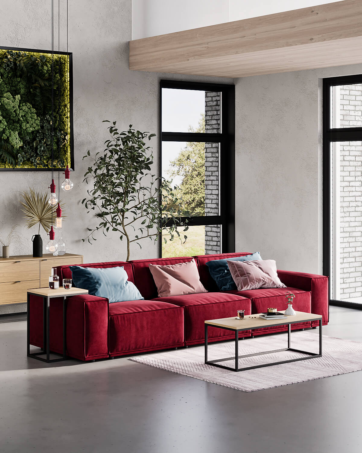 Интерьер гостиной в сканди стиле с красным диваном Jared: фото