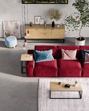 Интерьер гостиной в сканди стиле с красным диваном Jared: фото 1