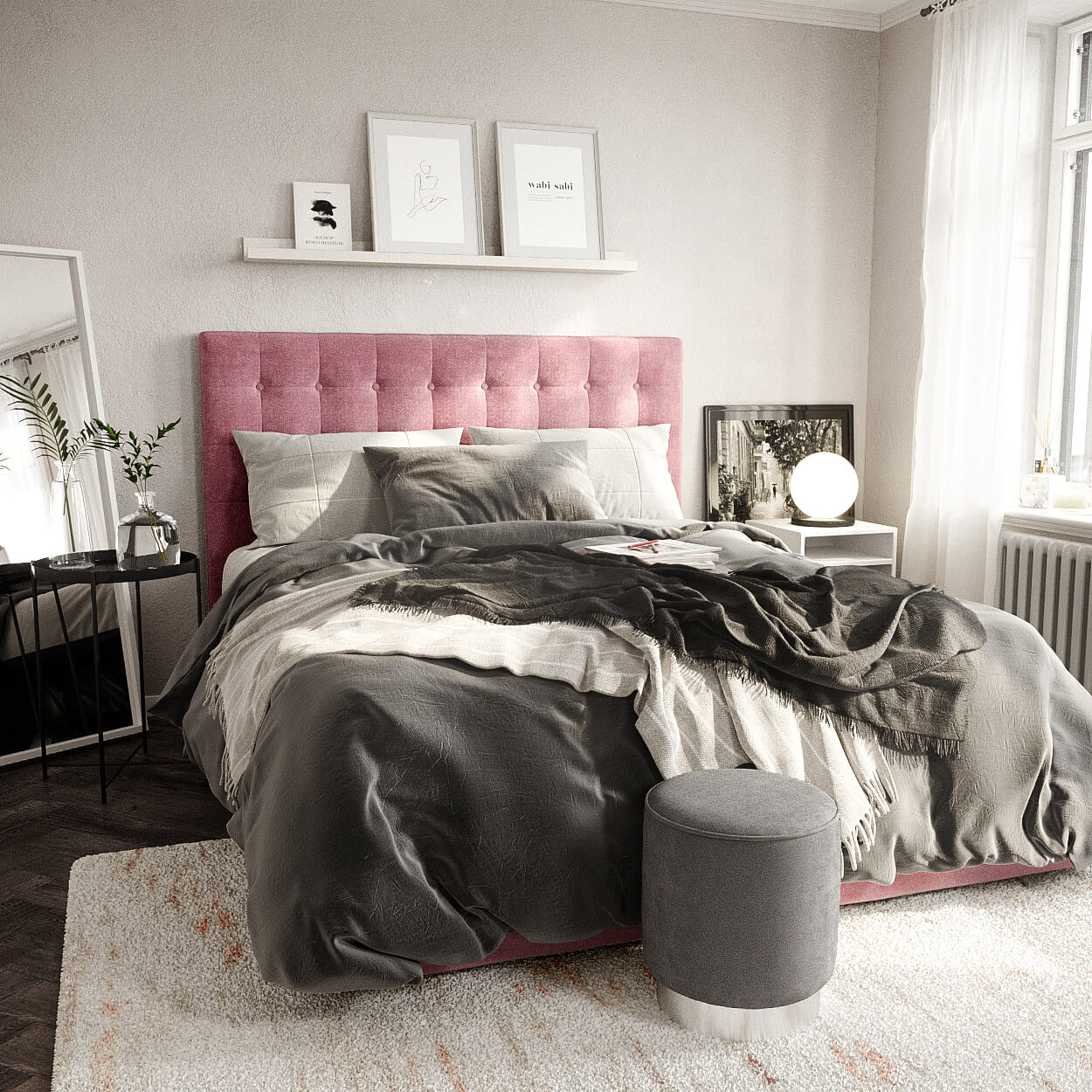 Интерьер серой спальни c розовой кроватью Finlay: фото