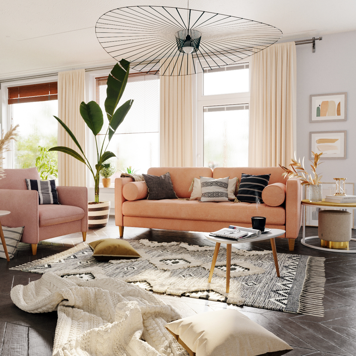 Интерьер светлой гостиной с оранжевым диваном Scott: фото