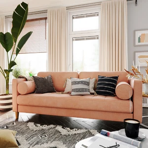 Интерьер светлой гостиной с оранжевым диваном Scott: фото 