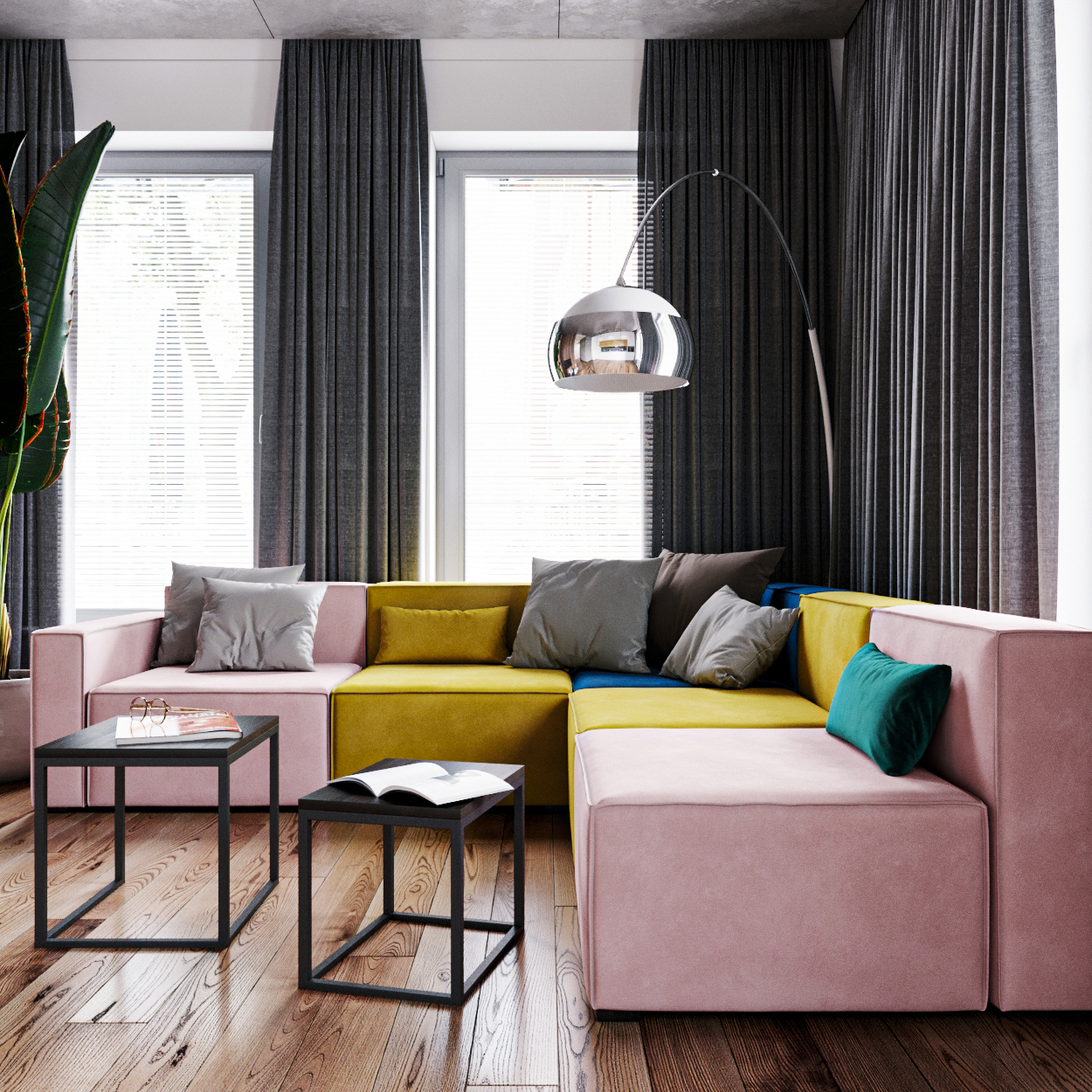 Интерьер серой гостиной с розовым модульным диваном Cubus: фото