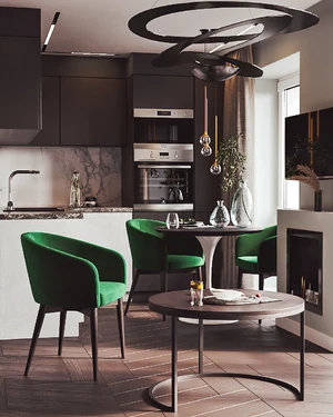 Интерьер кухни с зелеными стульями Torino и бежевым диваном Bari: фото 