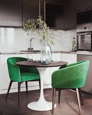 Интерьер кухни с зелеными стульями Torino и бежевым диваном Bari: фото 1