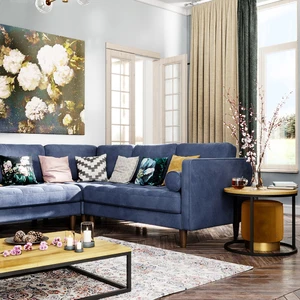 Интерьер гостиной со светлыми стенами и синим диваном Scott: фото 2